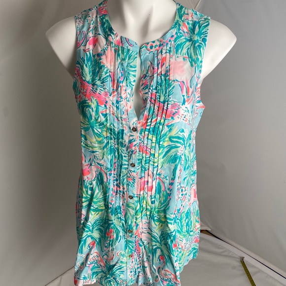 Lilly Pulitzer Seasalt Blue On Parade multicolor pintuck sleeveless Sarasota top - Picture 1 of 7